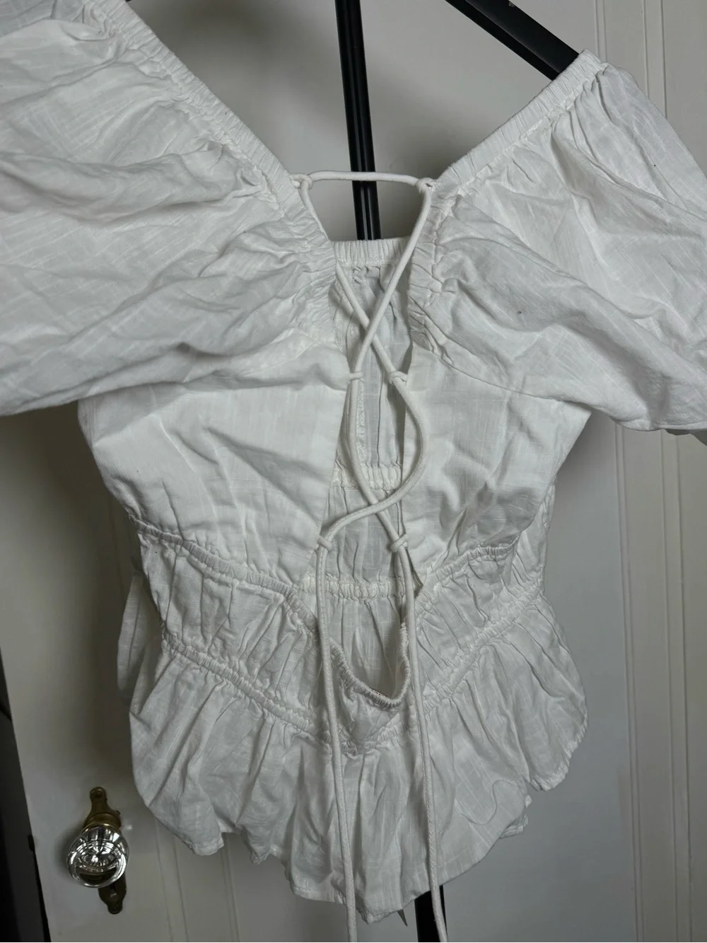 Free People White Smocked Peasant Blouse with Tie